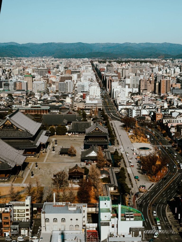 Street and skyline of Kyoto, Japan, as seen from the Kyoto Tower