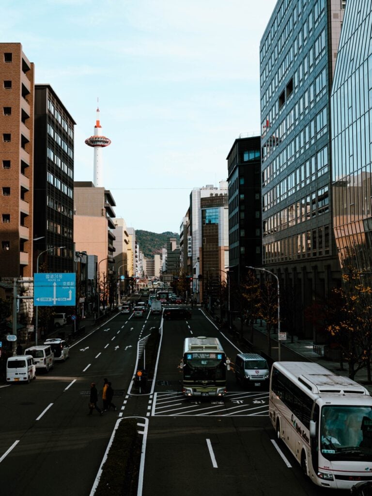 A street with traffic in Kyoto, Japan