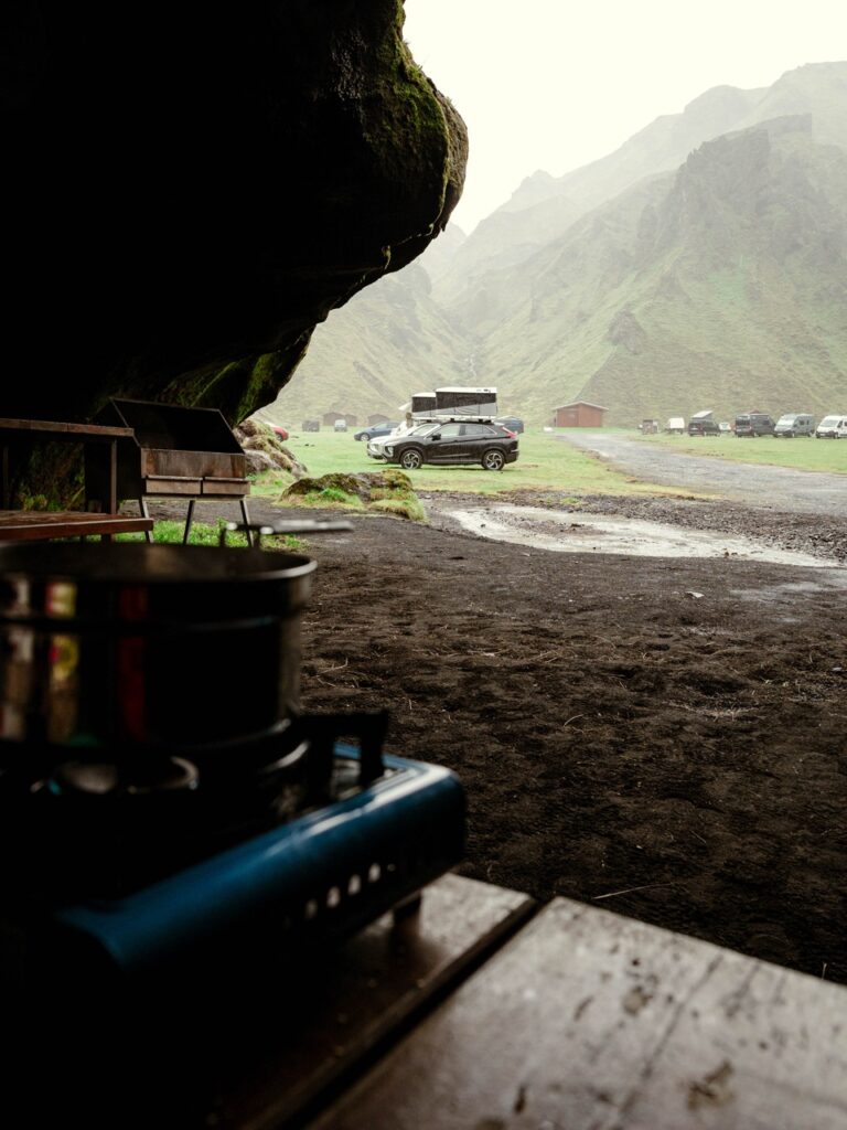 Eating breakfast at the Thakgil campsite in Iceland
