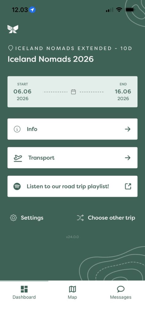 Travelbase app interface for Iceland Nomads