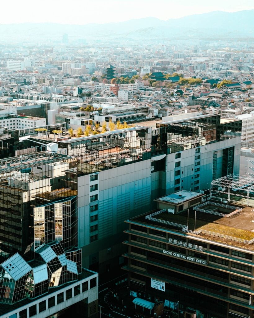 A view of the Kyoto Central Post Office and the To-ji temple from the Kyoto Tower