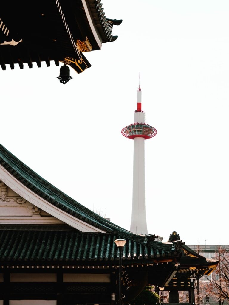 A view of a tower and temple in Kyoto