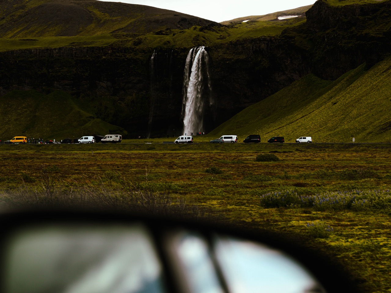 A view of Seljalandsfoss, Iceland, from a car