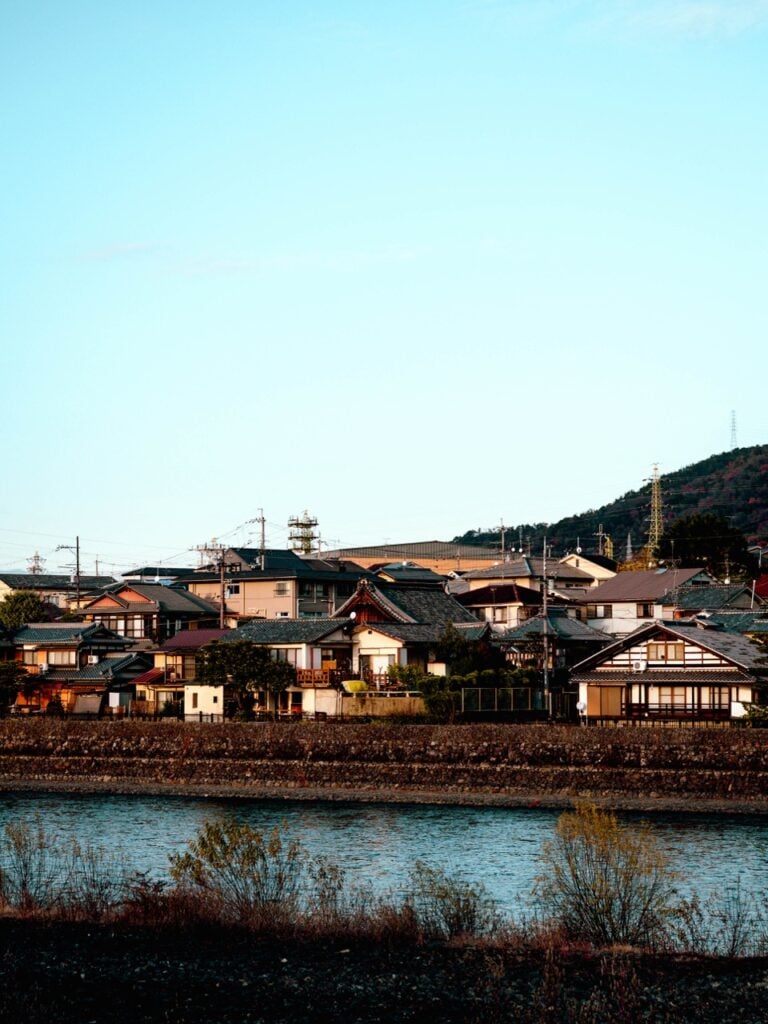 Houses along the riverfront in Uji, Japan
