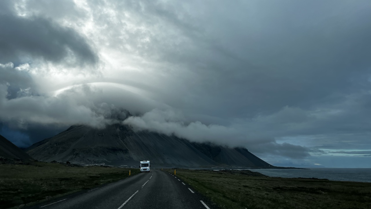 A rain cloud over a mountain in Iceland