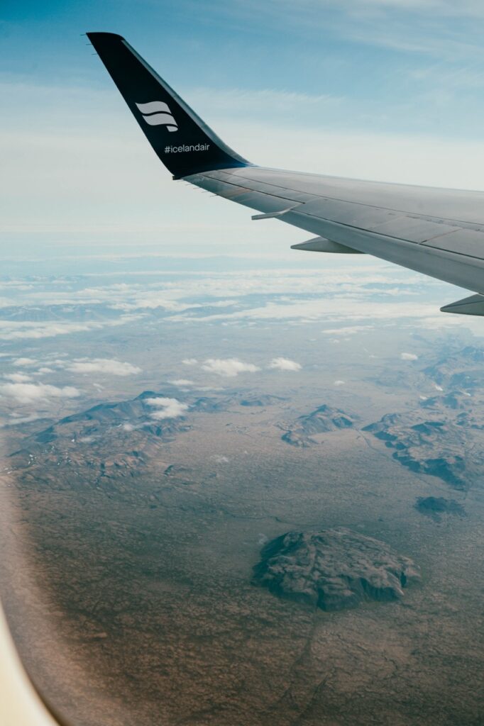 An Icelandair flight flying over Iceland
