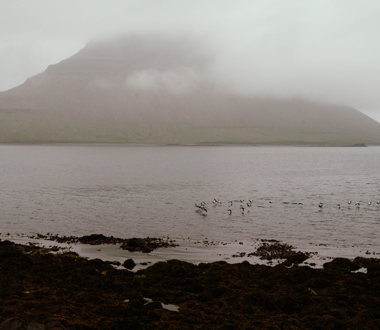Kirkjufell mountain in Iceland covered by fog