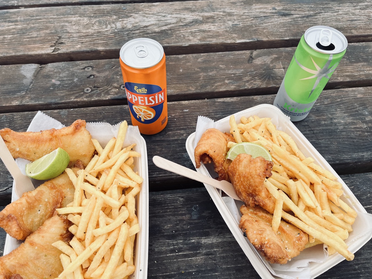 Eating fish and chips in Stykkishólmur, Iceland
