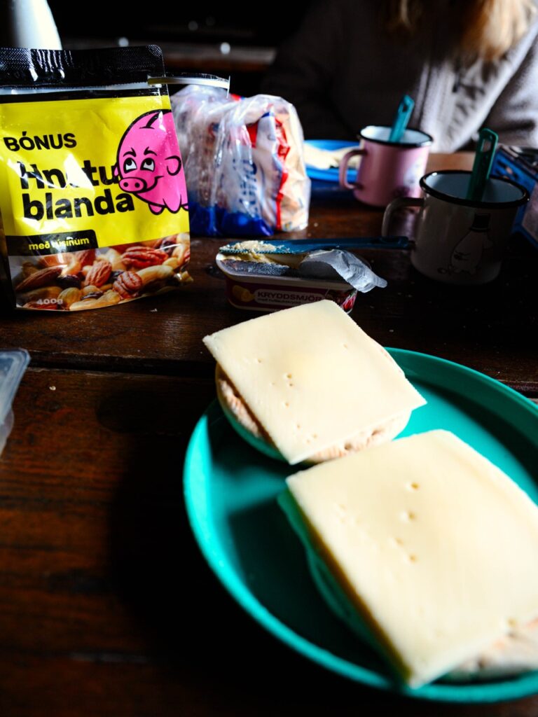 Eating breakfast at Thakgil in Iceland