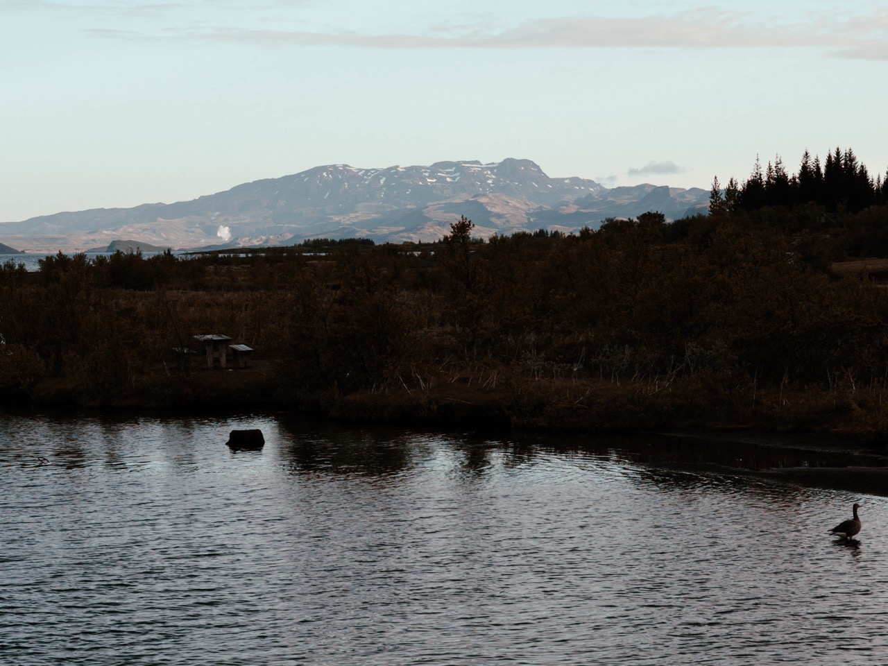 A lake and mountain at Thingvellir National Park in Iceland