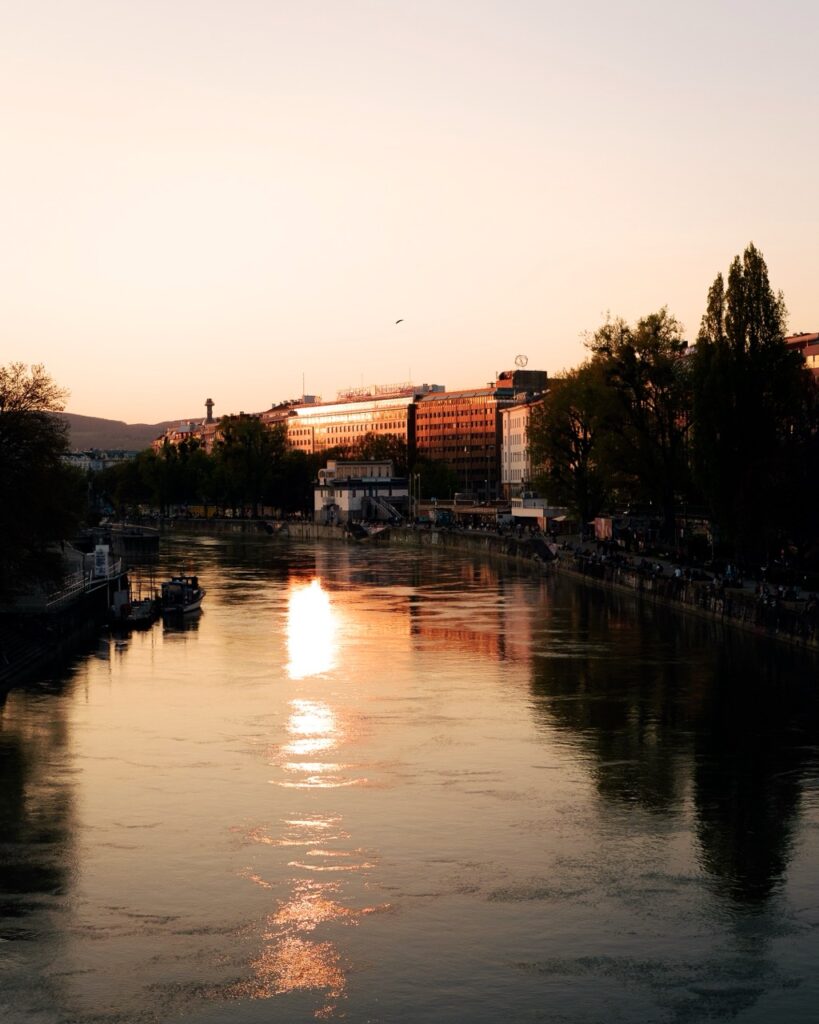 A canal in Vienna at sunset