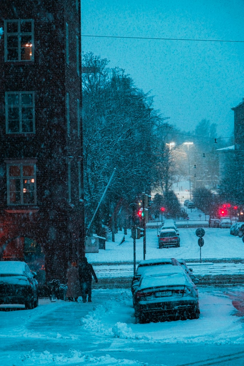 A snowy street in Helsinki in December