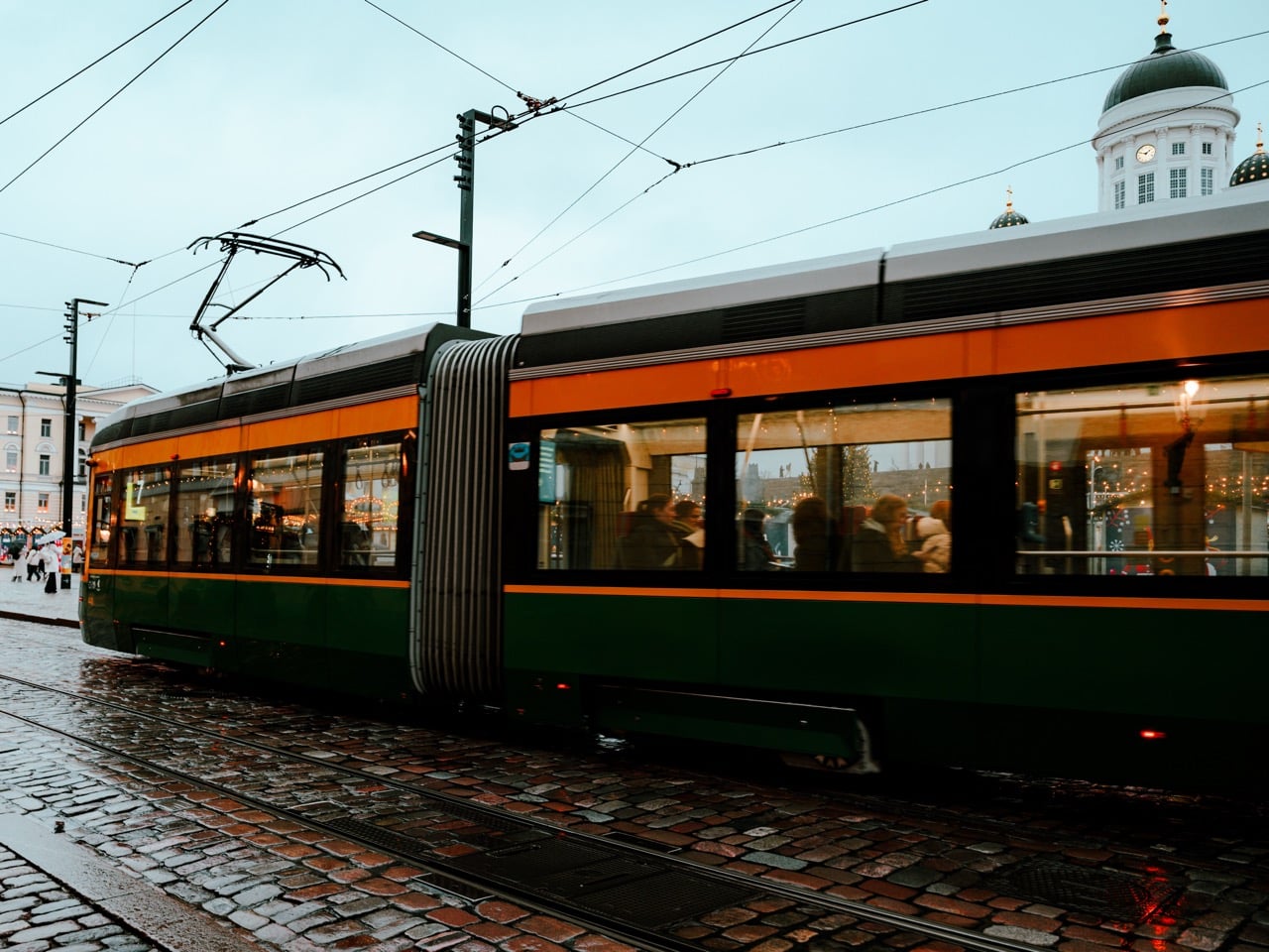 Tram and church in Helsinki, Finland