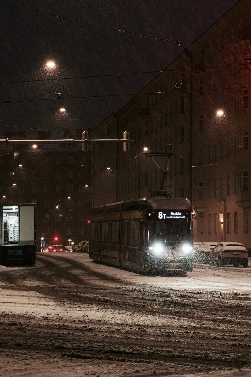A tram in Helsinki, Finland, in December