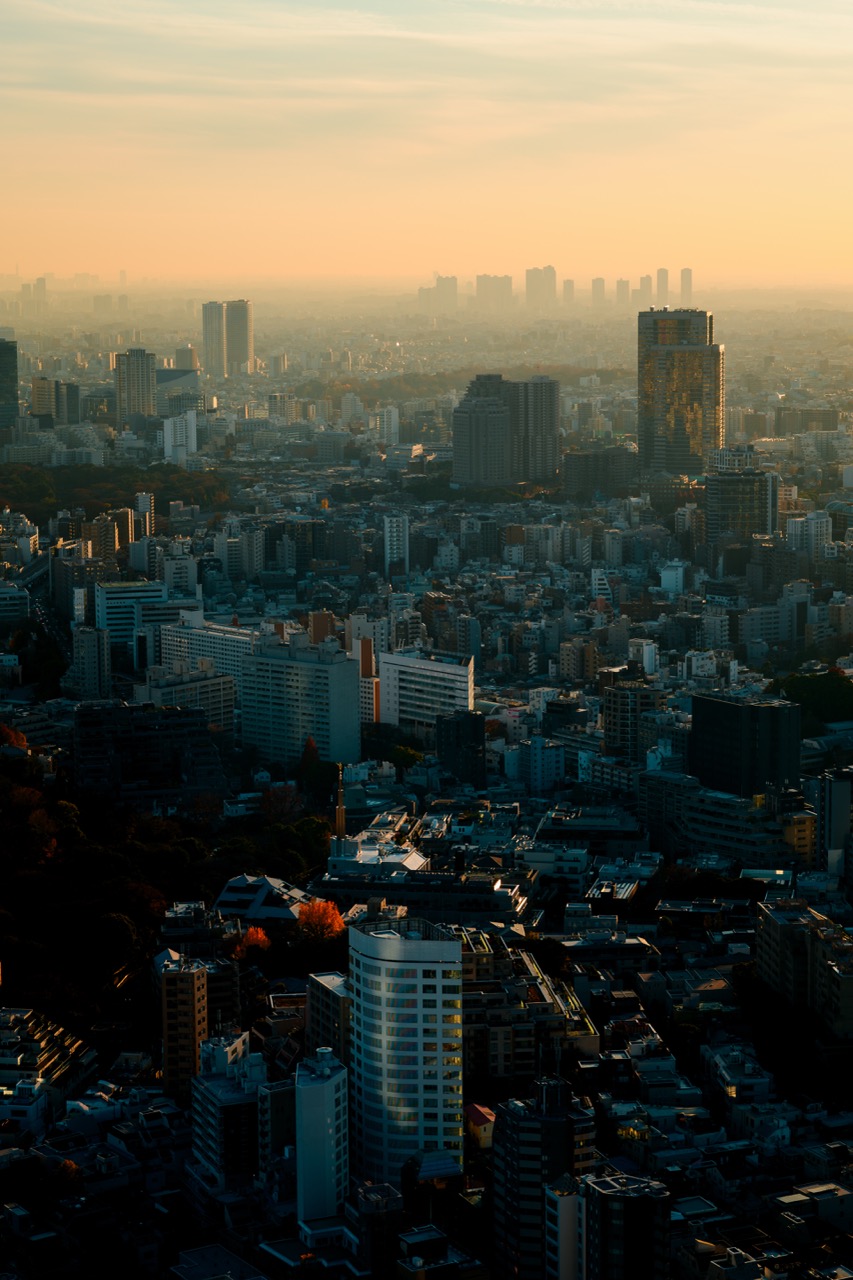 A hazy view of Tokyo at sunset