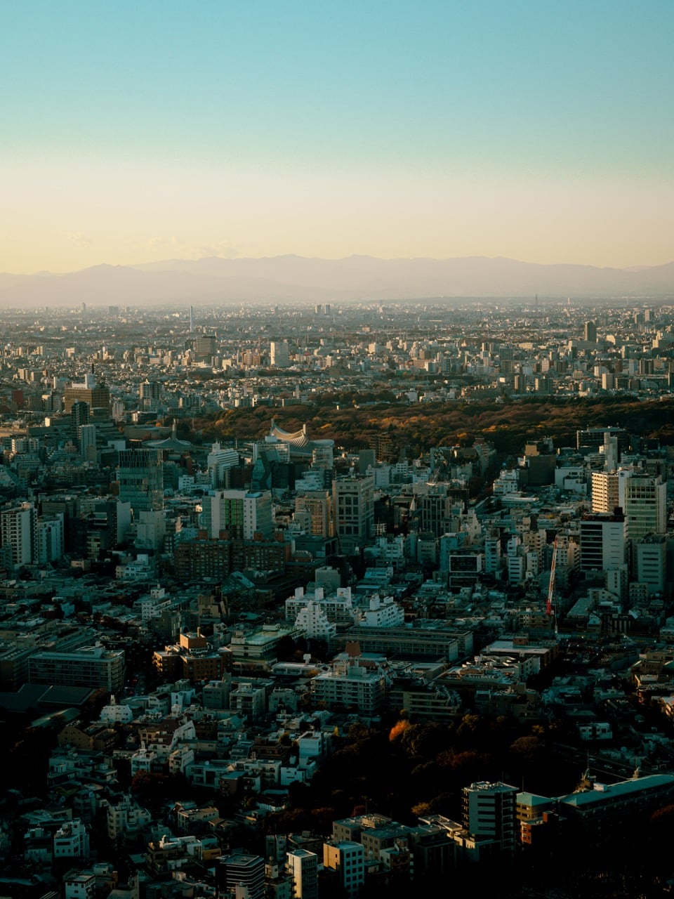A skyline and stadium in Tokyo, Japan