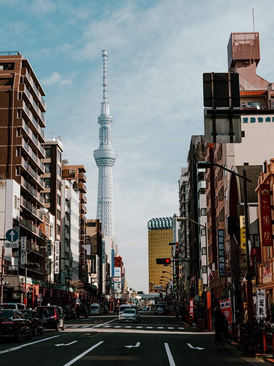 A view toward the Tokyo Skytree from a street in Asakusa