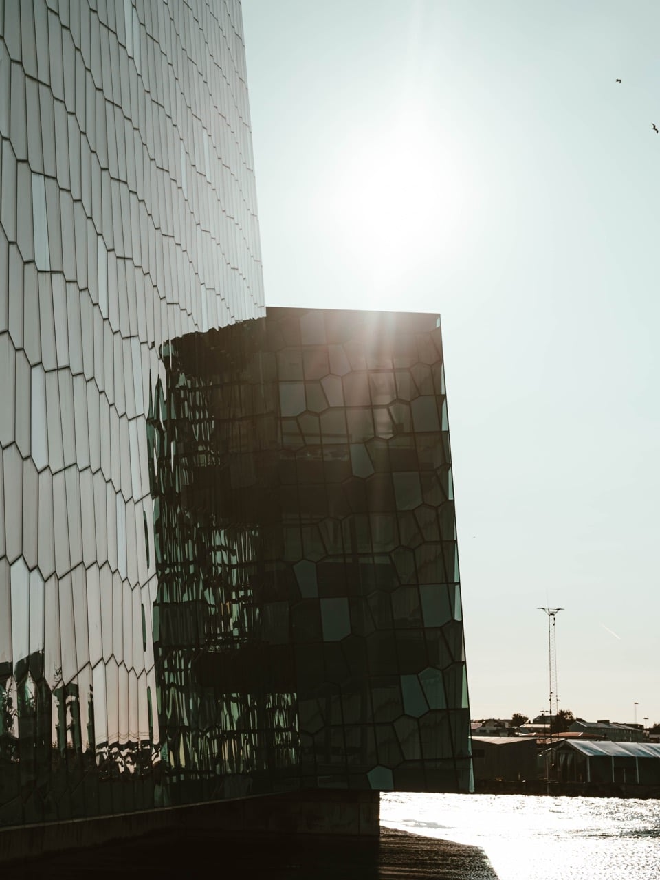 lens flare at the Harpa Concert Hall in Reykjavík