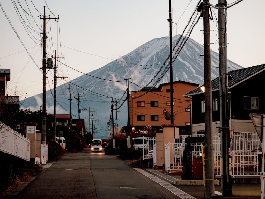 A town in Mount Fuji at Sunset