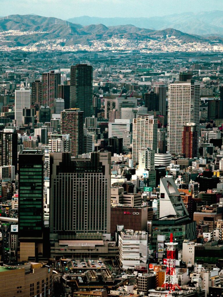View of buildings in Osaka with a mountain in the background