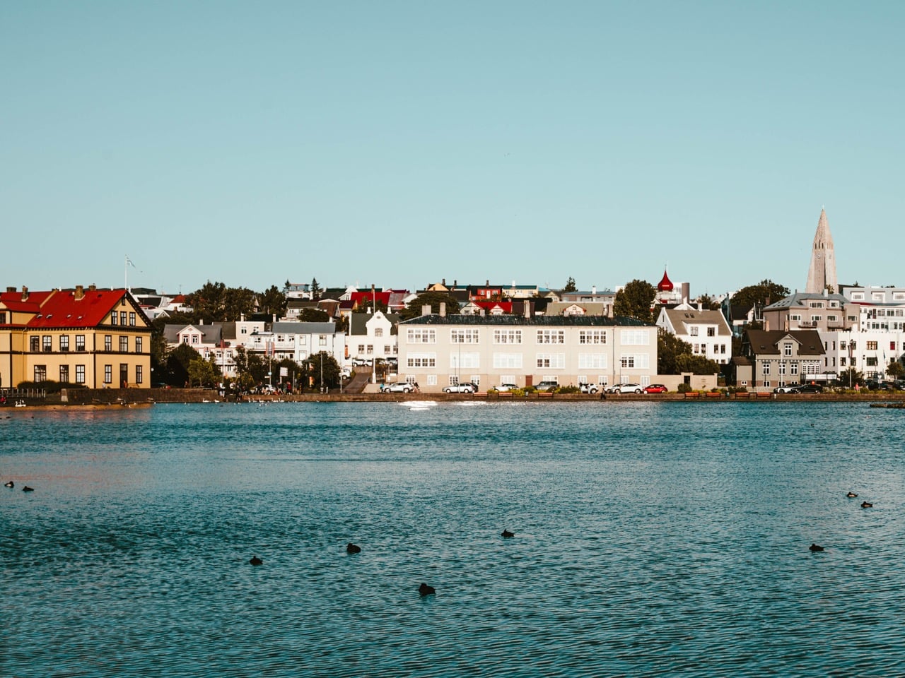 The Tjörnin lake in Reykjavík on an evening