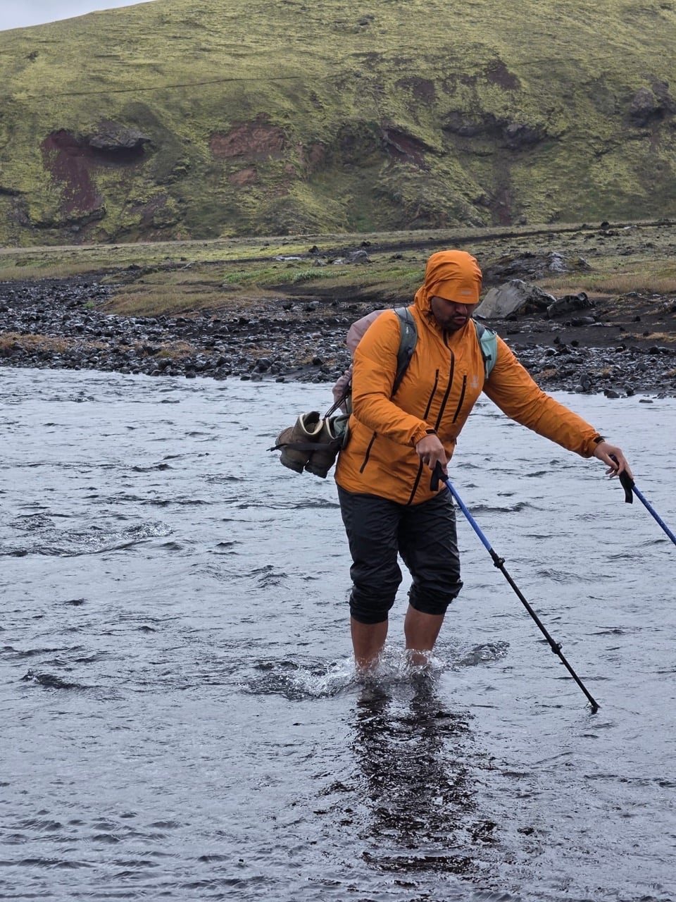 Danny Maiorca crossing a river on the Laugavegur Trail