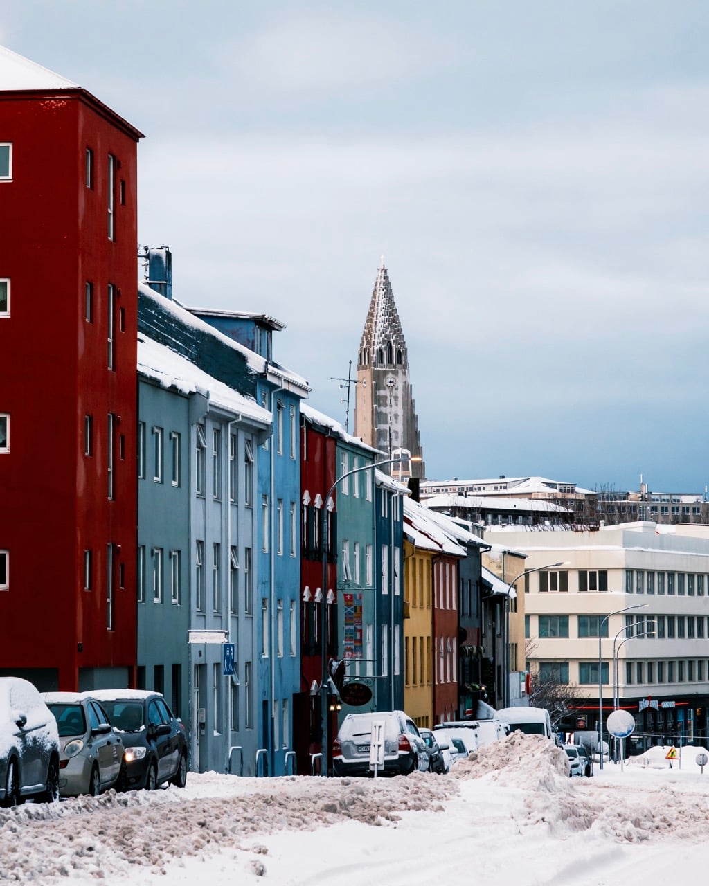 A snowy street in Reykjavik on a January day