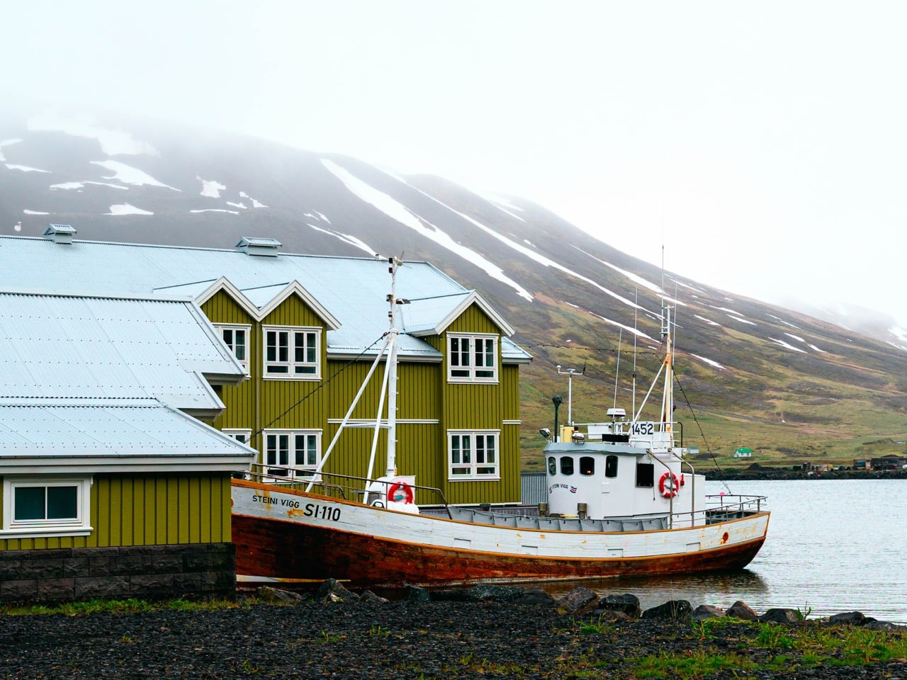 A hotel and boat in Siglufjordur, Iceland