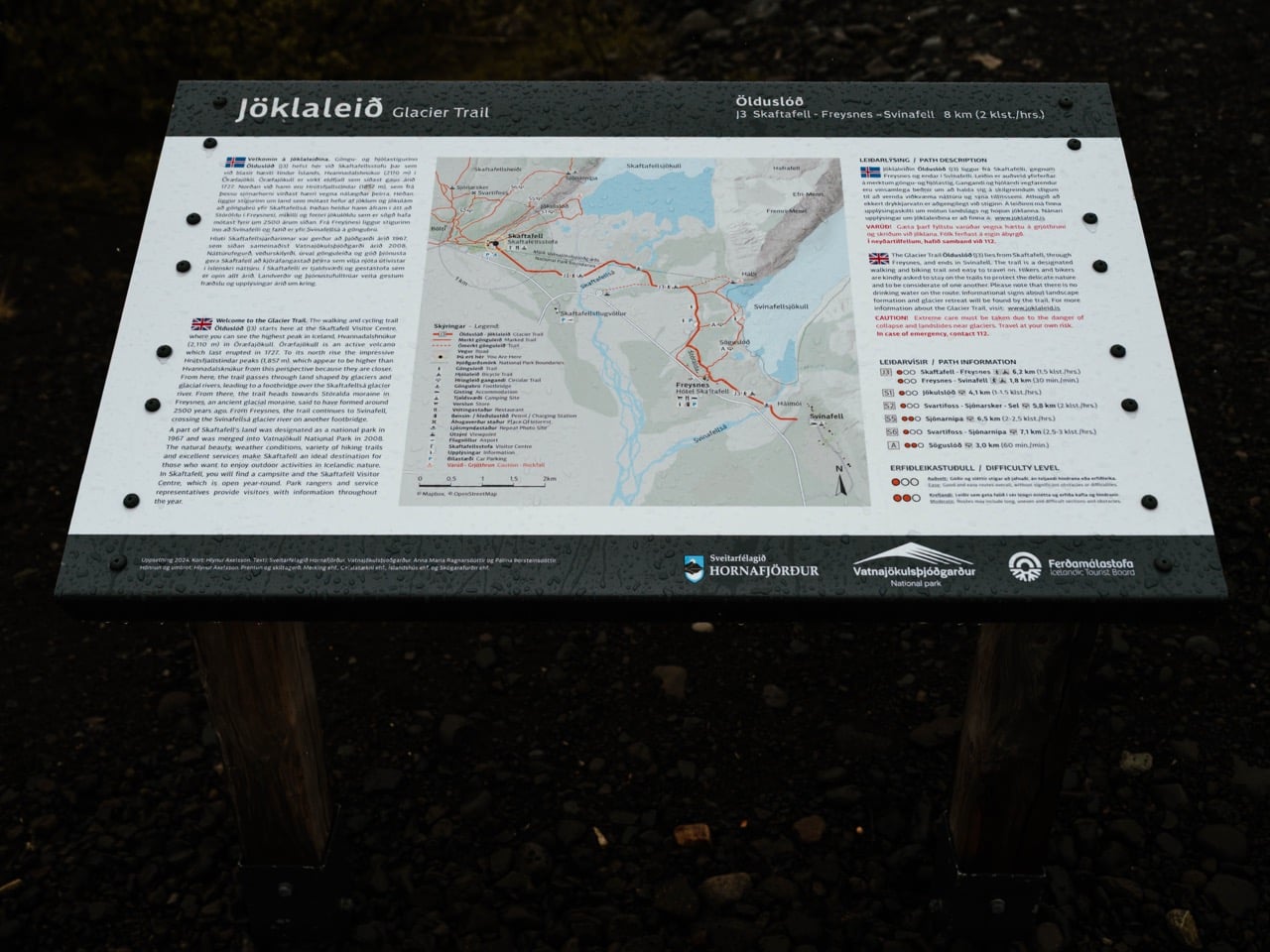 The notice at Skaftafell National Park for different hiking trails